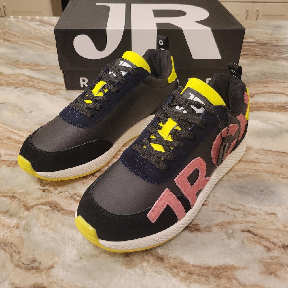 John Richmond Lace Up Logo Sneakers, Women's 9, Black/Yellow/Pink, NWT